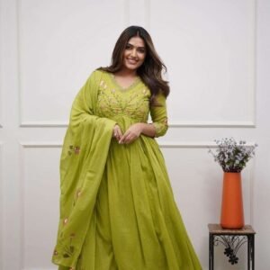 Women's Cotton Embroidered Long Anarkali Kurti With Pant and Dupatta Set