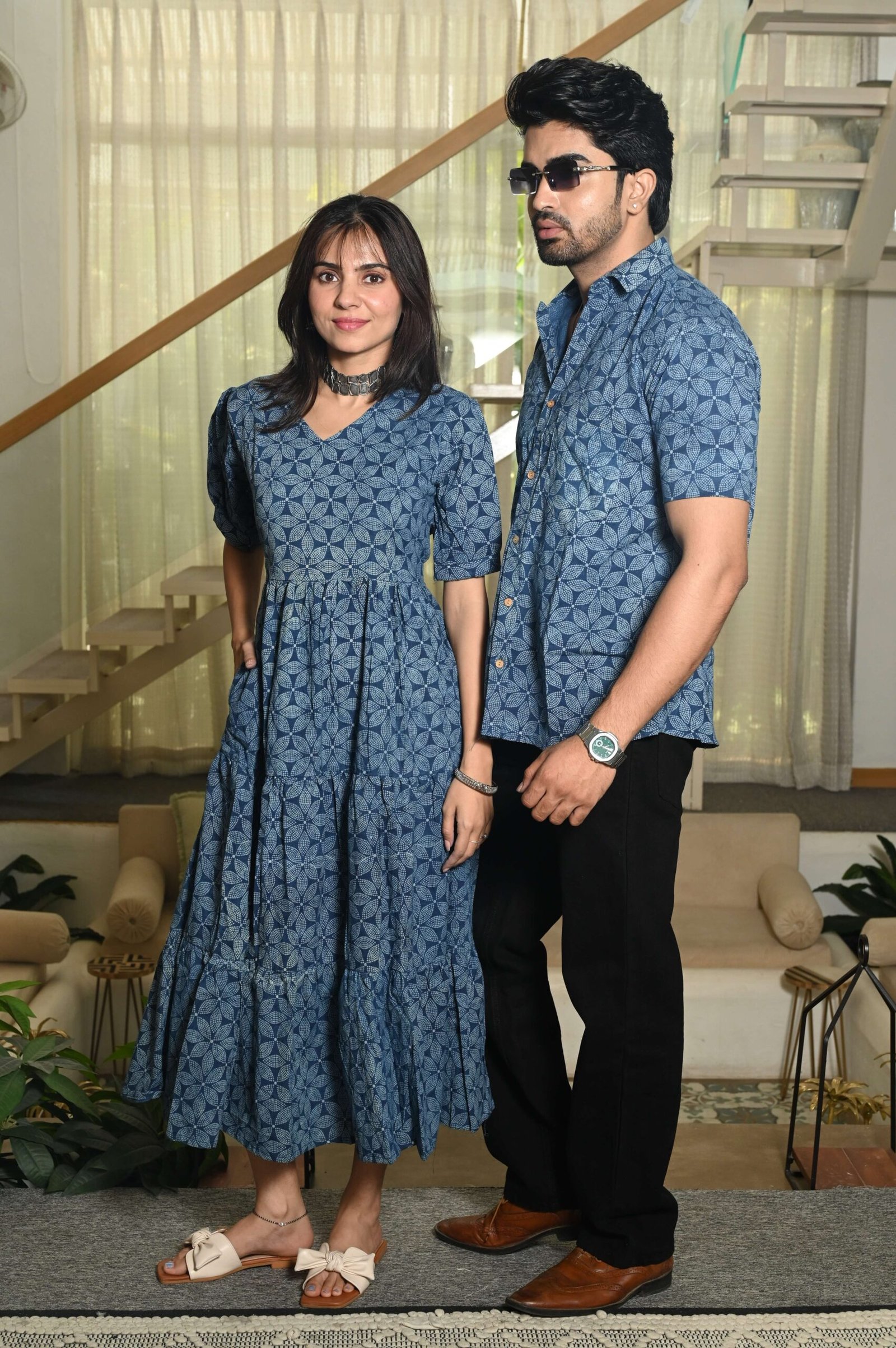 Couple Matching Blue Cotton Anarkali Midi Dress and Shirt Set ? Geometric Block Print - Image 3