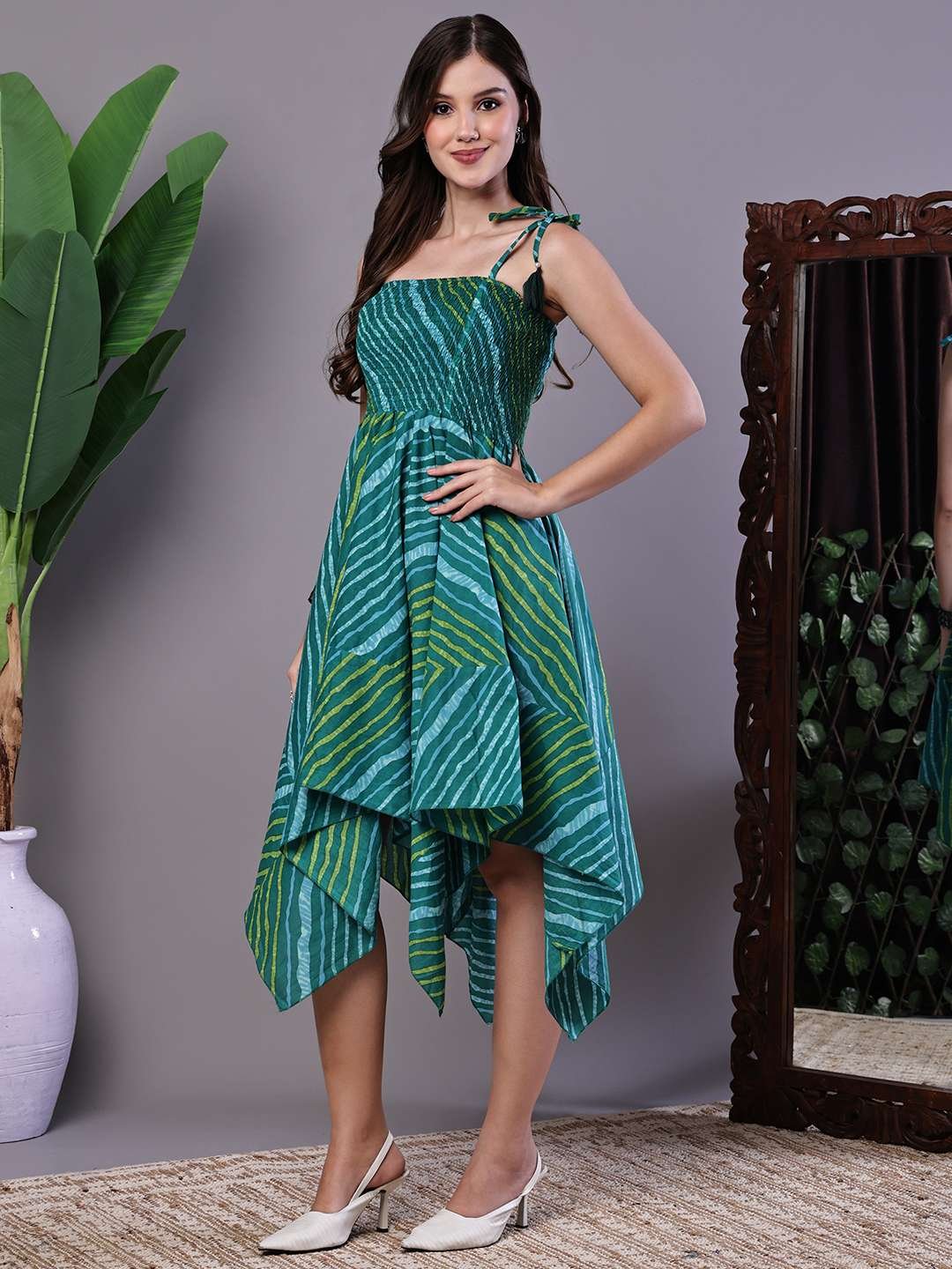 Women's Leheriya Asymmetrical Hem Smocked A-Line Dress Midi Dresses - Image 3
