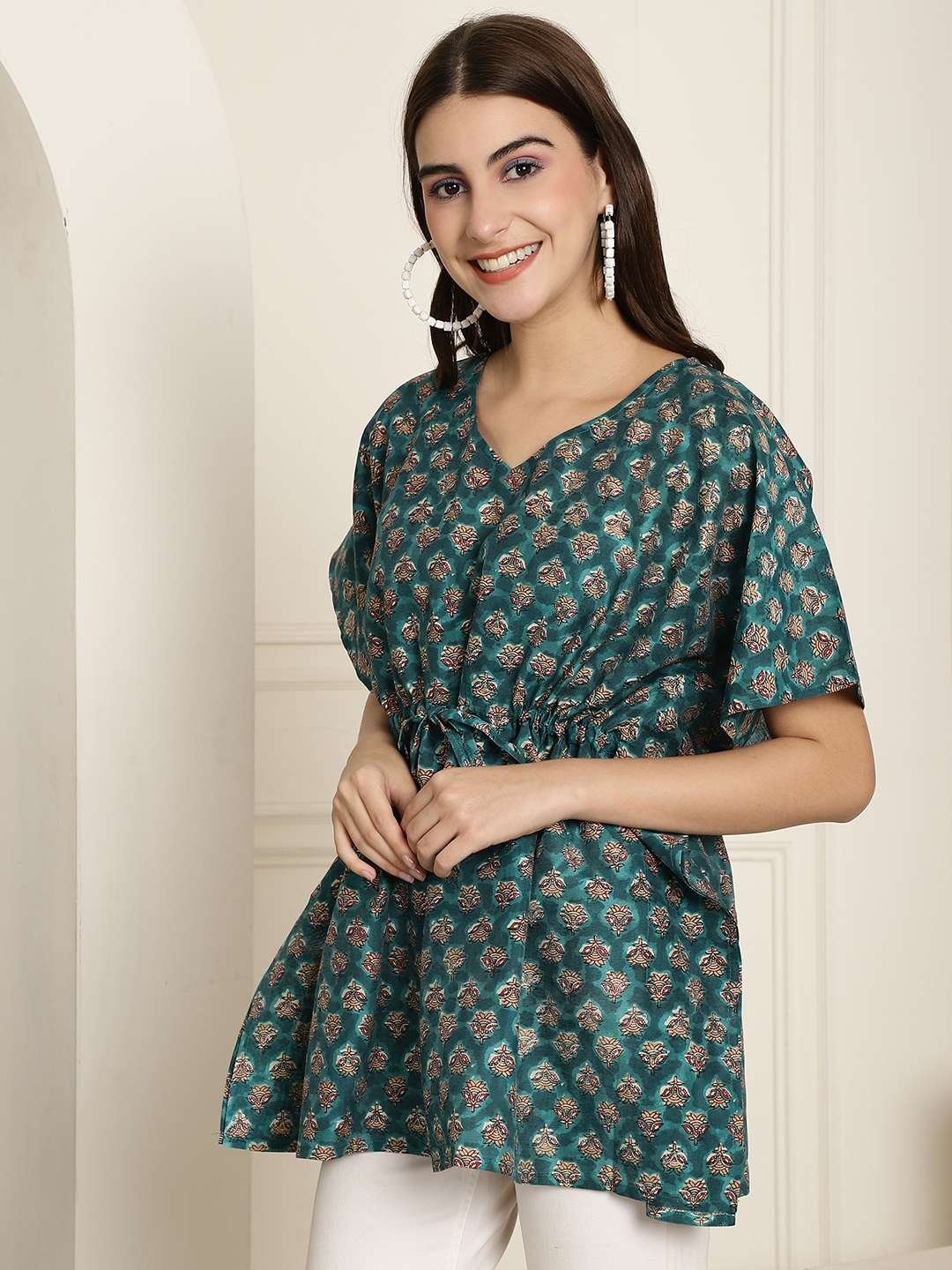 Women's Chanderi Printed Kaftan Top With Bell Sleeve Dress (Green)